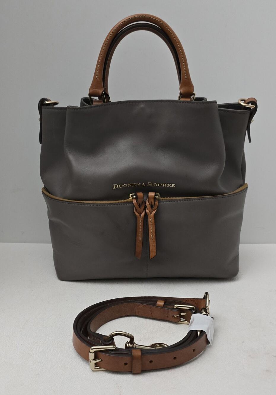 Dooney Bourke City Dawson Smooth Leather Large Satchel Bag Taupe Front Pockets